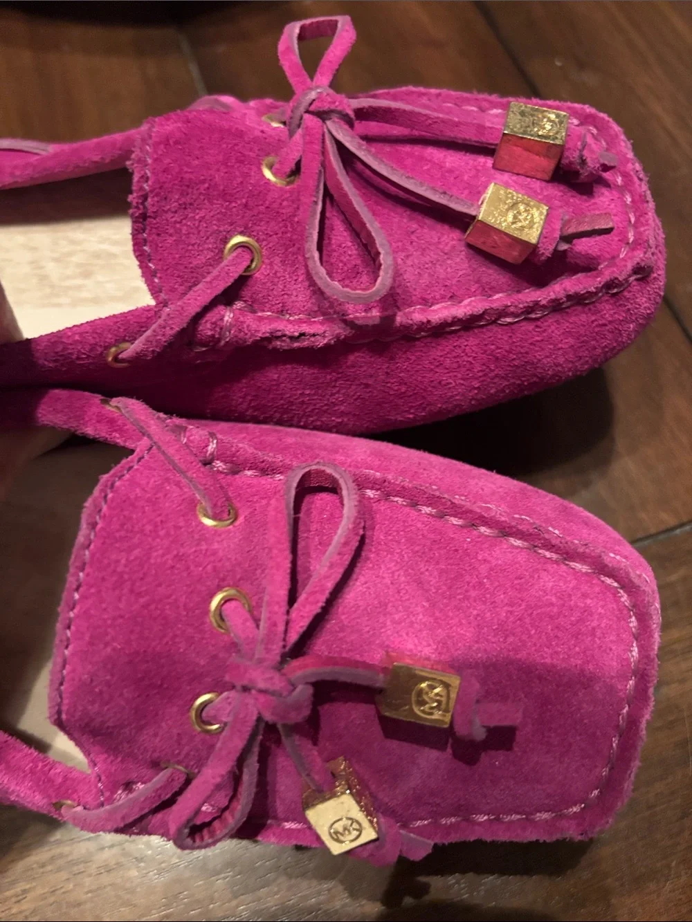 Michael Kors Suede Moccasin Loafers in Bright Fuchsia with Gold Accents